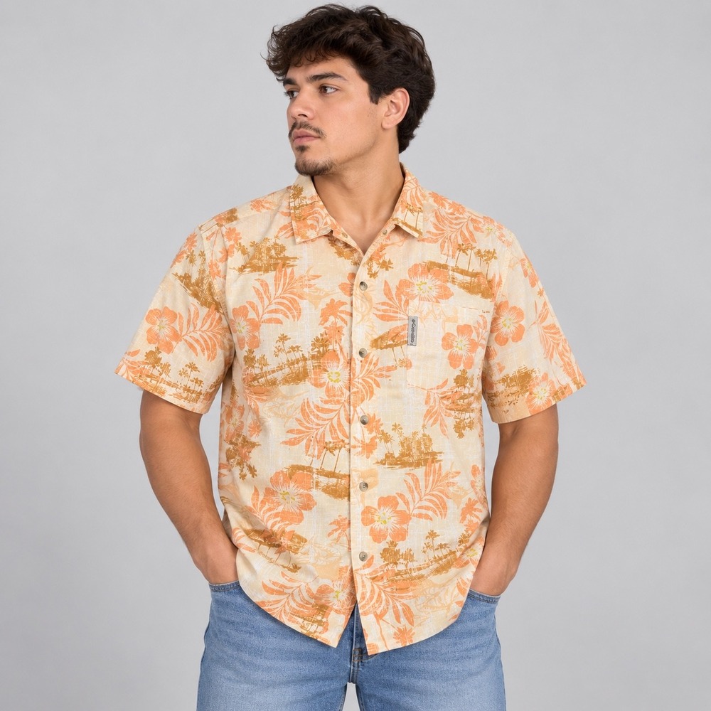 Columbia Sportswear Shirt Men L Orange Hibiscus Floral Short Sleeve Button Down